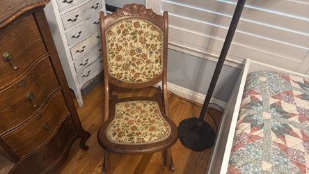 Antique Victorian Dark Wood Folding Rocking Chair Tapestry