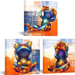 Colorful Animal Canvas Painting Yoga Frog Wall Art Set of 3 Pieces