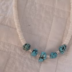 Vtg.Native 1970's Sterling Silver & Turquoise & Puka Shells Necklace-18 In.
