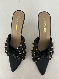 Fashion Nova Black Mules with Gold Accents