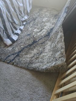 Modern Shag Area Rug – Soft Cream & Gray with Blue Accent Lines