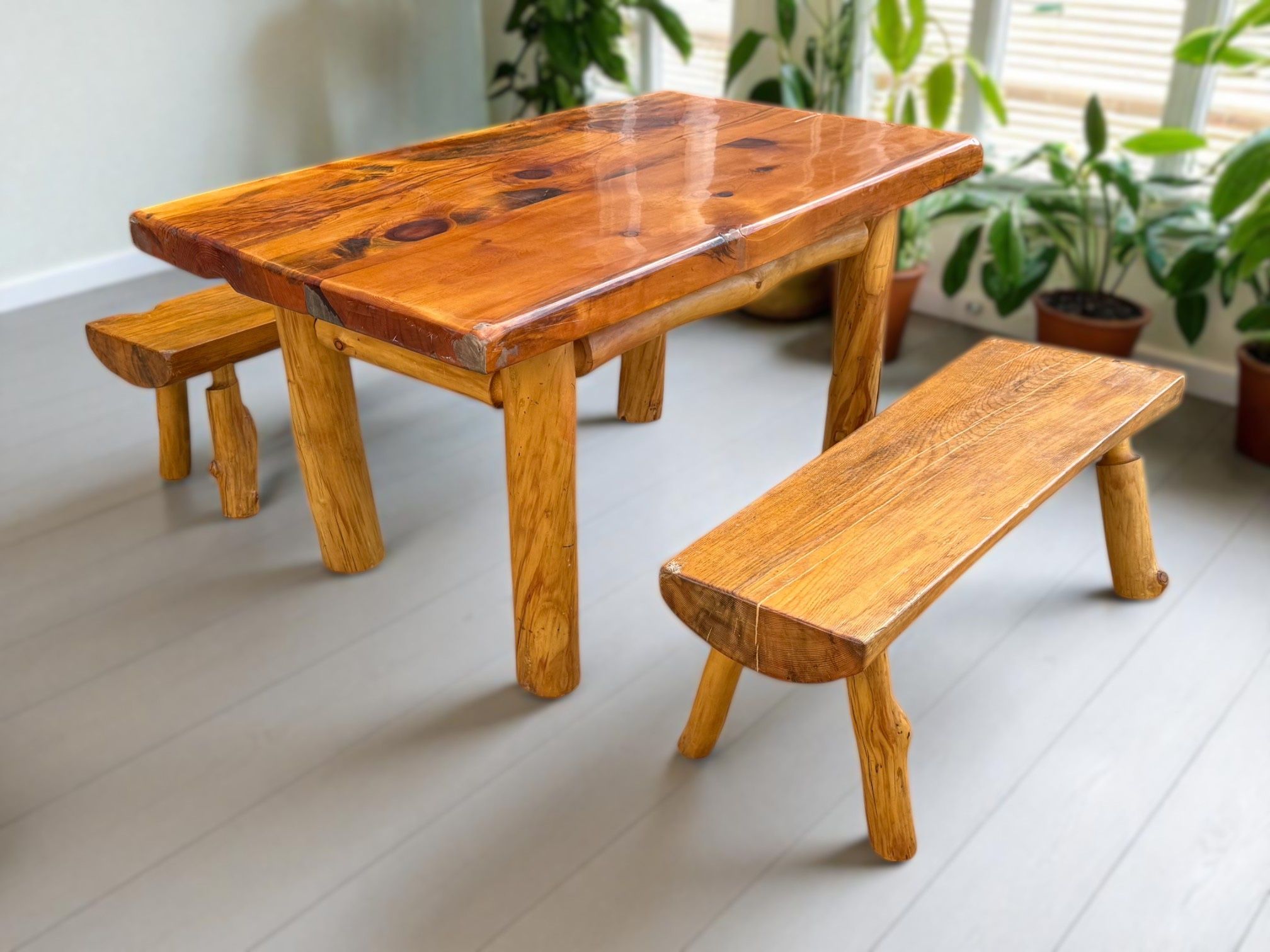 Artisan-Crafted Rustic Cedar Dining Table & 2 Split Log Benches
