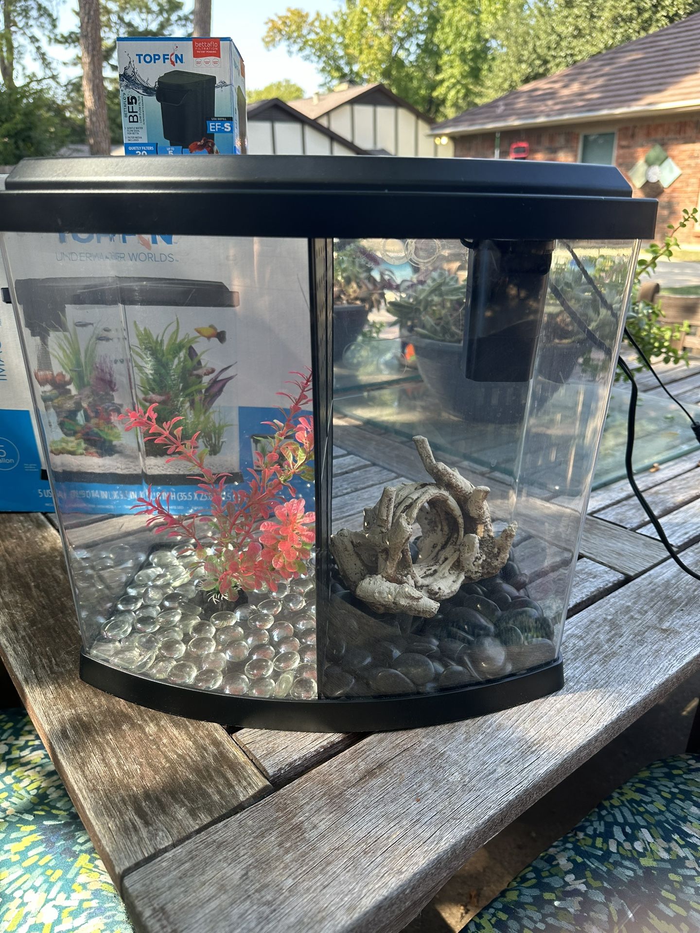 Top Fin Split Bowfront Aquarium - 5 Gallon with BETTAFLO BF5 Low Flow Filter