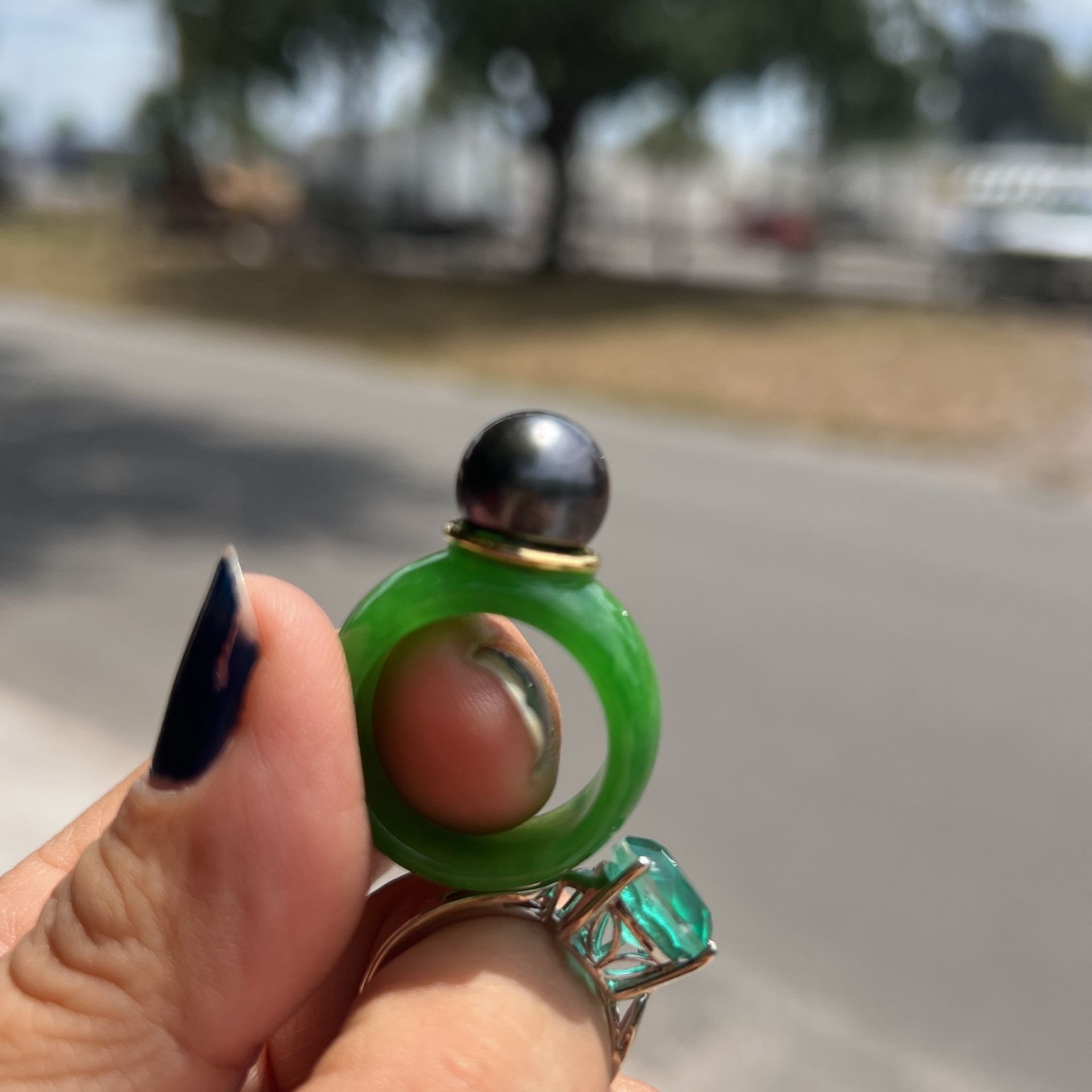 Green Jade And Black Tahitian Ring Size 8