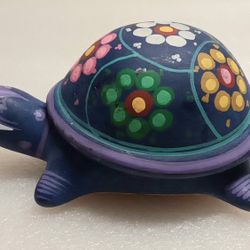 Talavera Mexico Redware Pottery Lidded Turtle Trinket Box Handpainted 