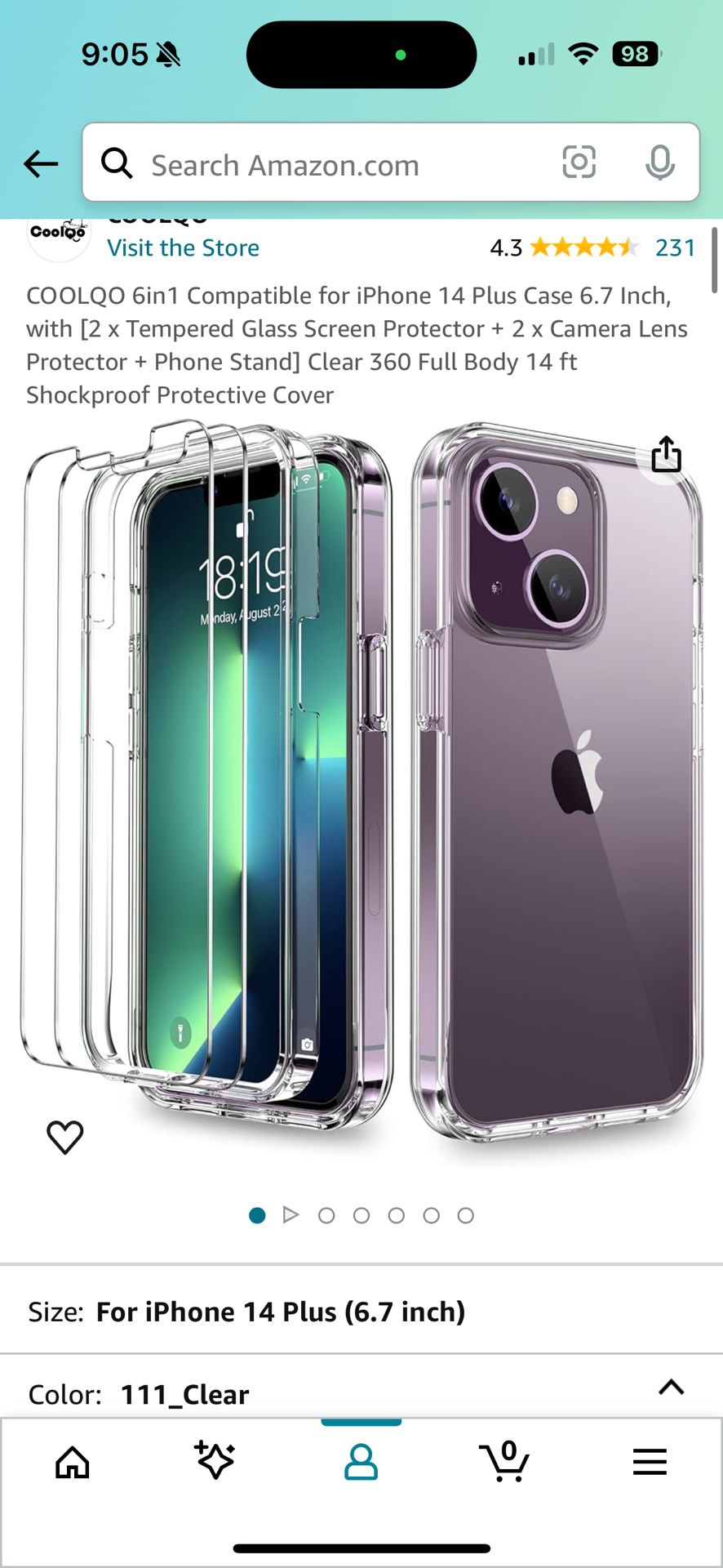 6in1 Compatible for iPhone 14 Plus Case 6.7 Inch, with [2 x Tempered Glass Screen Protector + 2 x Camera Lens Protector + Phone Stand] Clear 360 Full 