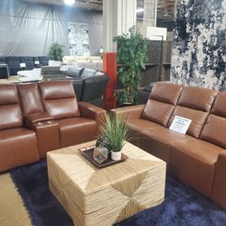 Leather Brown Power Sofa With Loveseat (New)