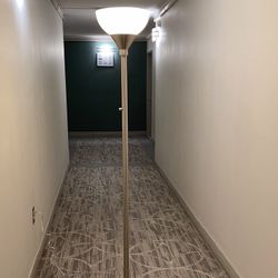 VERY TALL (71"H w/Shade), VERY HEAVY (approx 20 lbs.), BRUSHED STAINLESS STEEL FLOOR LAMP  w/LARGE PLASTIC SHADE - posted price is firm.