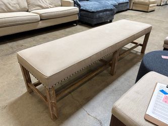 Beige Extra Long Bench Seat with Nailhead Trim and Rustic Wooden Base