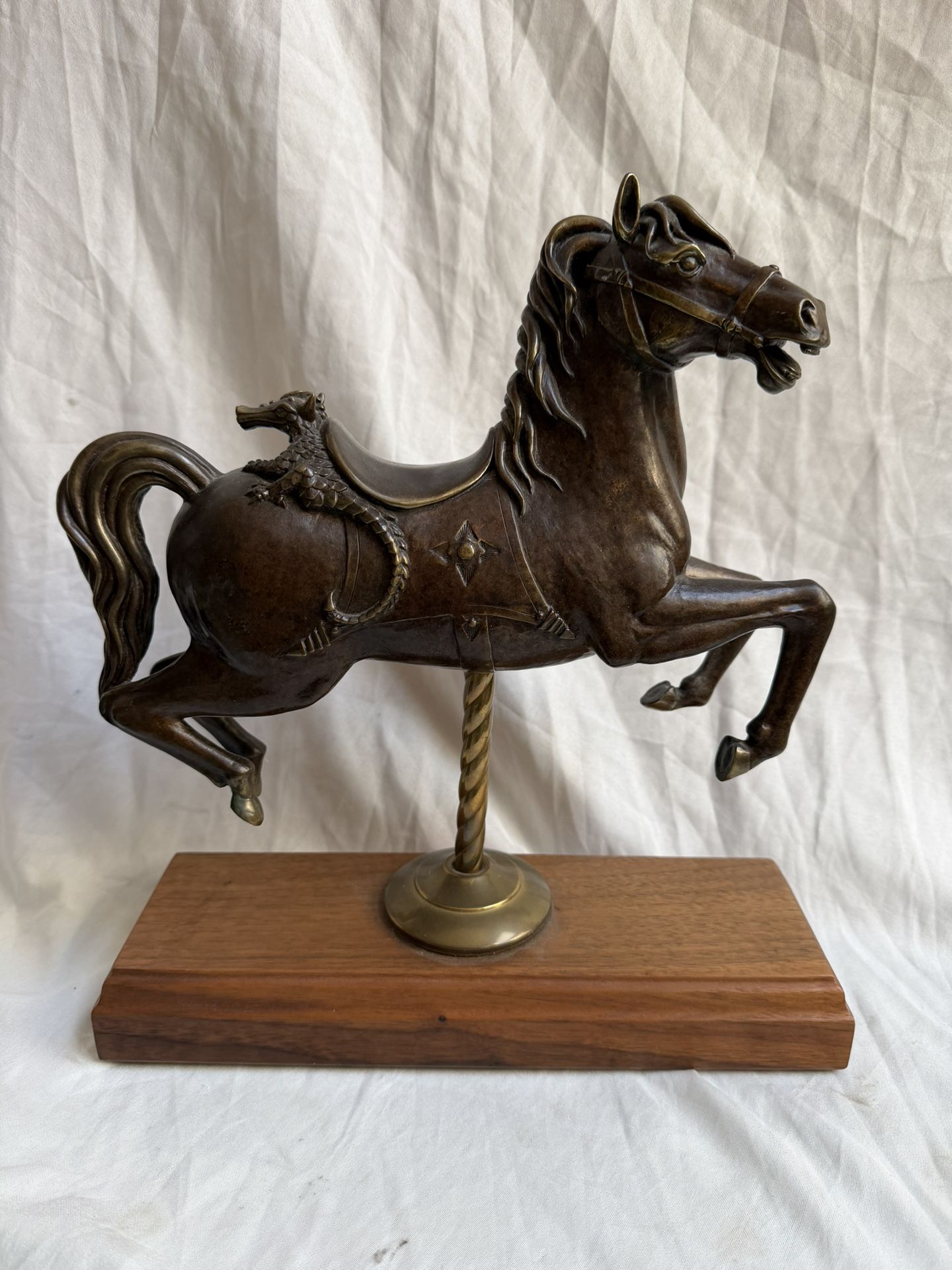 Vintage Bronze Carousel Horse Statue on Wood Base 12” Dragon Detail Brass Pole