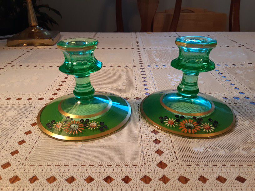  A PAIR OF REALLY BEAUTIFUL  VINTAGE  Green And GOLD Candle HOLDER'S 