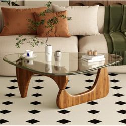 45in” Coffee Table for Living Room Mid Century Modern Center Table with Glass Top and Wood, Transparent/Walnut