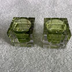 Pair Of Green Cube  Tea Light Candle Holder
