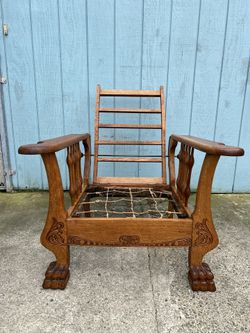 Antique Morris Recliner Chair Tiger Oak Claw Feet Cast Iron Hardware