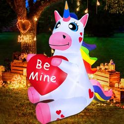 4 Ft Valentine's Day Inflatable Outdoor Decoration Blow Up Unicorn Holds Be Mine Heart LED Lighted Valentines Day Decoration for Yard Garden Lawn Holi