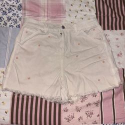American Eagle Cream Floral Embroidered Utility Shorts