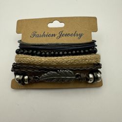 195-OTT New 4 Pieces Multi-layer Braided Leather Bracelet Cross Weave Leaf Style