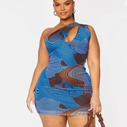 NWT PrettyLittleThing Blue Brown Abstract Swirl Print Mesh One Shoulder Mini Dress Size 16