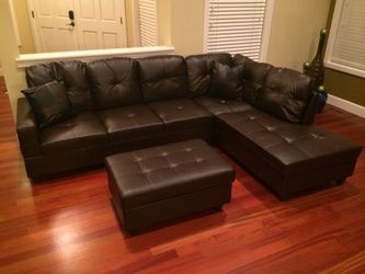 Brown leather sectional couch