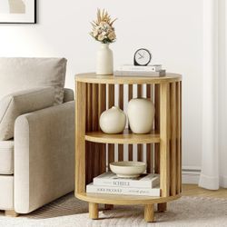 B73 $40  Round End Table, Oak Side Tables, Mid Century Modern Nightstand with 2 Tier Storage, Wood Circle Bedside Table for Small Spaces, Living Room,