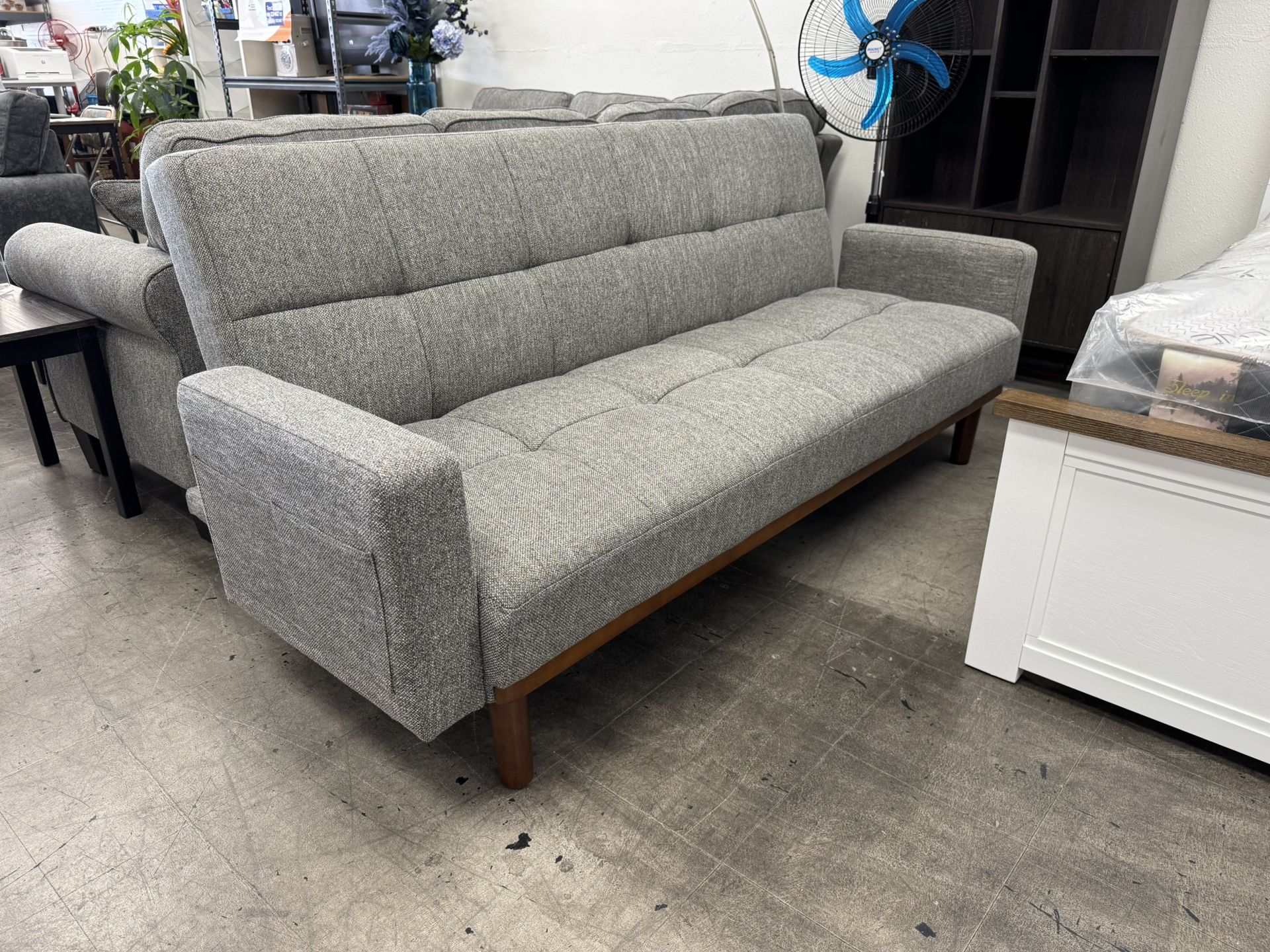 BRAND NEW Mid Century Modern Style Futon Sofa Bed, Tufted Lines, Extra Support Wood Legs, Side Pockets