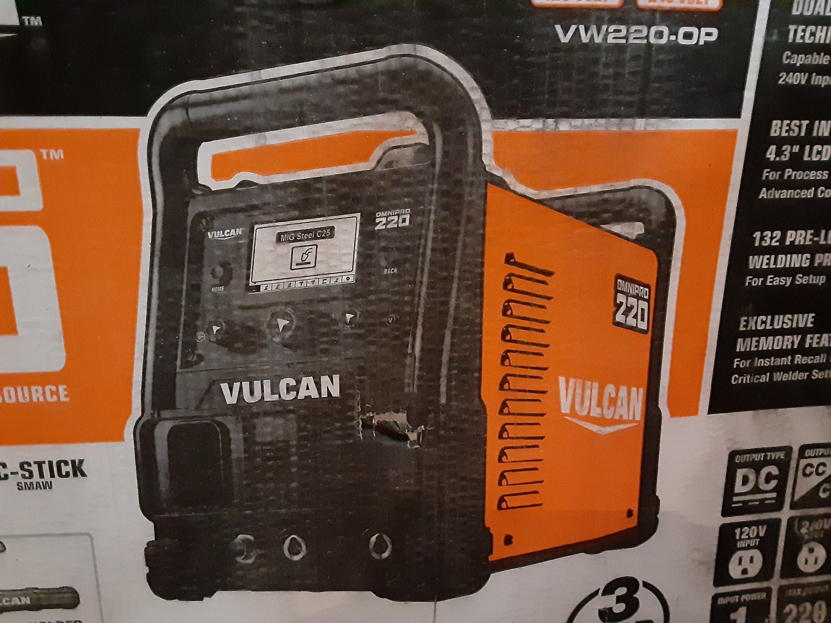 Vulcan omnipro220 MIG/Multiprocessor inverter power source wire feeder and gun package