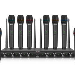 D Debra Audio AU800 Pro UHF 8 Channel Wireless Microphone System with Cordless Handheld Lavalier Headset Mics, Metal Receiver