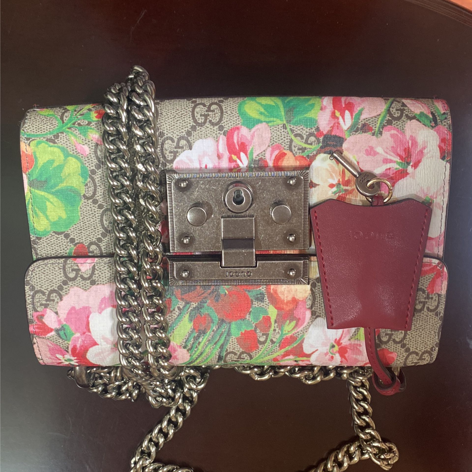 Red Gucci Dionysus Blooms Padlock Crossbody Bag GG Coated Canvas Small