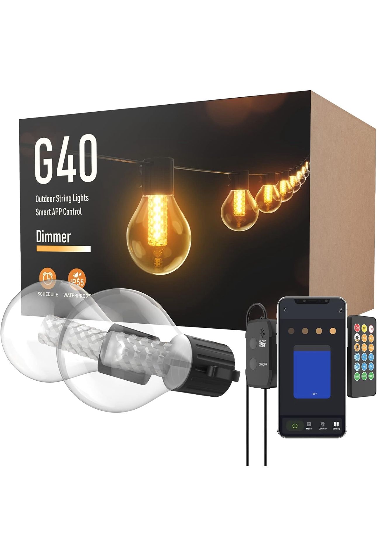 50FT Bluetooth G40 Outdoor String Lights, 25LEDs, Dimmable with App Control, IP44 Waterproof, 3 Modes, Timed & Linkable, Smart Outdoor LED Lights for