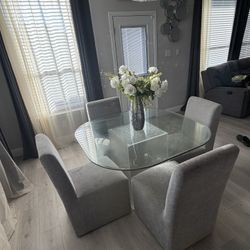 Glass Dining Table Set w/ 4 Gray Chairs – Modern & Clean
