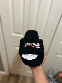Black fuzzy Balenciaga slides