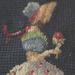 VIntage Glass Framed Needlepoint Artwork of Victorian Girl in Bonnet