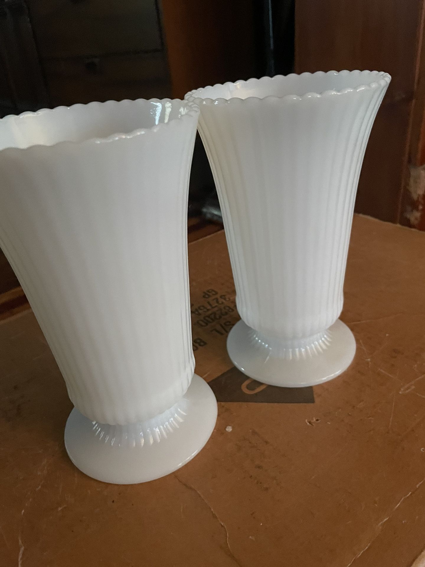 2 7.75” tall E.O. Brody milk glass ribbed vases made in Cleveland stamped bottoms