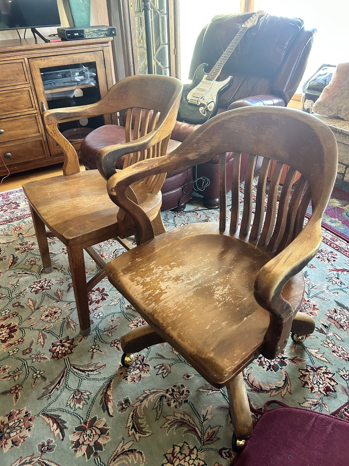 Vintage 1940s Oak Swivel Desk Chair & Matching Arm Chair Set