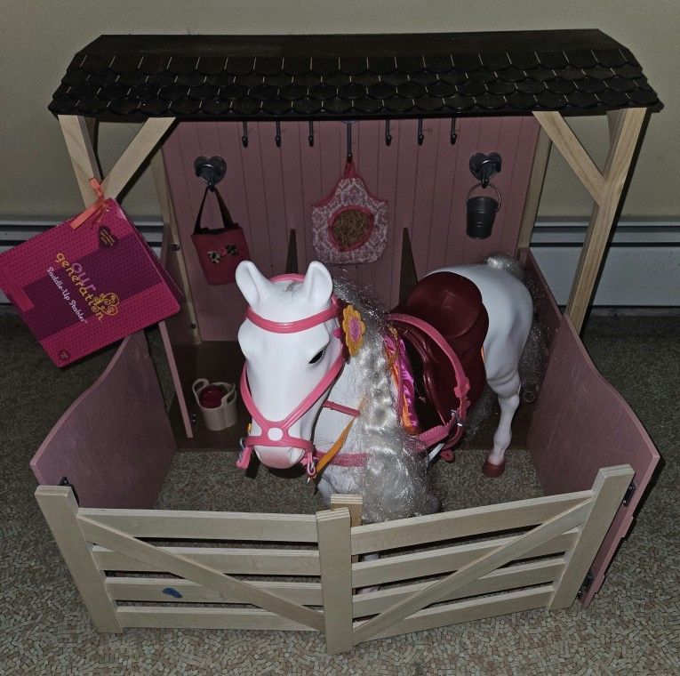 Our Generation Horse Barn Playset for 18” Dolls – Saddle Up Stables – Pink & Camarillo Hairplay Horse