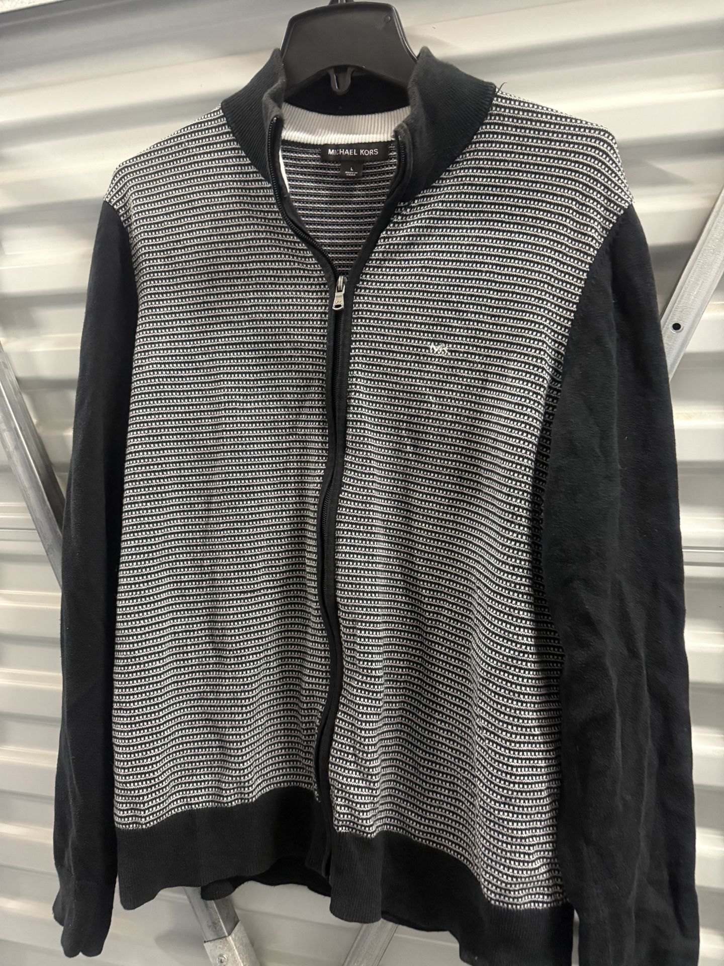 Michael Kors Knit Sweater Jacket Black White Full Zip Mens Size L