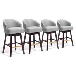 Set of 6 Bar Stools PU Leather / Linen Fabric Upholstered Wood Swivel Barstool- Dark Grey-31.9 inch seat heigh