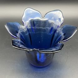 Cobalt Blue Art Glass Flower Shaped Vase Recycled Glass Made in Spain
