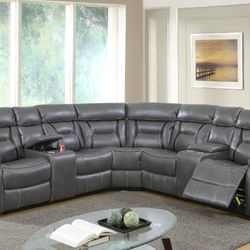 Brand New Grey Leather Reclining Sectional Sofa