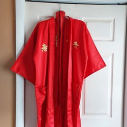 Vintage Red Kimono Robe Gold Embroidered Accents Womens One Size Belts Japan
