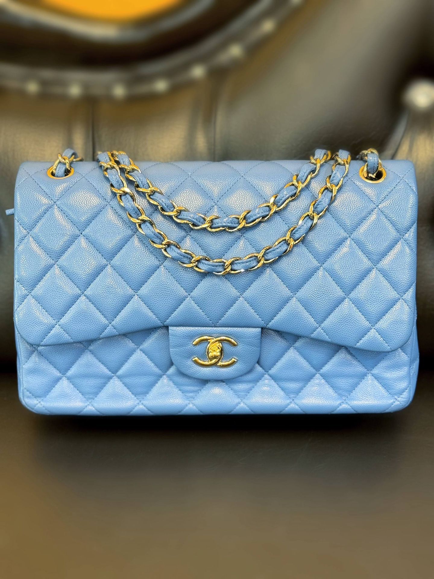 Chanel 21P Blue Caviar Quilted Jumbo Large Classic Double Flap bag & tag