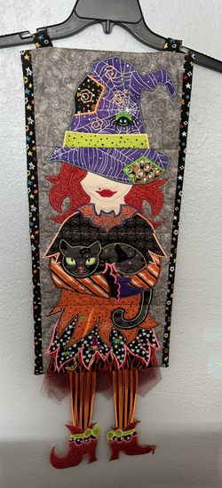 Cute Handmade Witch Wall Hanging Embroidered 35”x11.5”