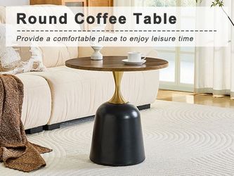 23.6 inch circular side table coffee table, metal base living room table, simple and modern walnut wood grain decoration, negotiation table, unique ci