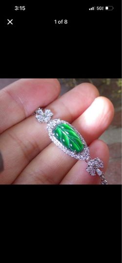 Elegant Certificate Sterling Silver 925 Jadeite Jade Icy Green Grade A Leaf 7.5inches bracelet