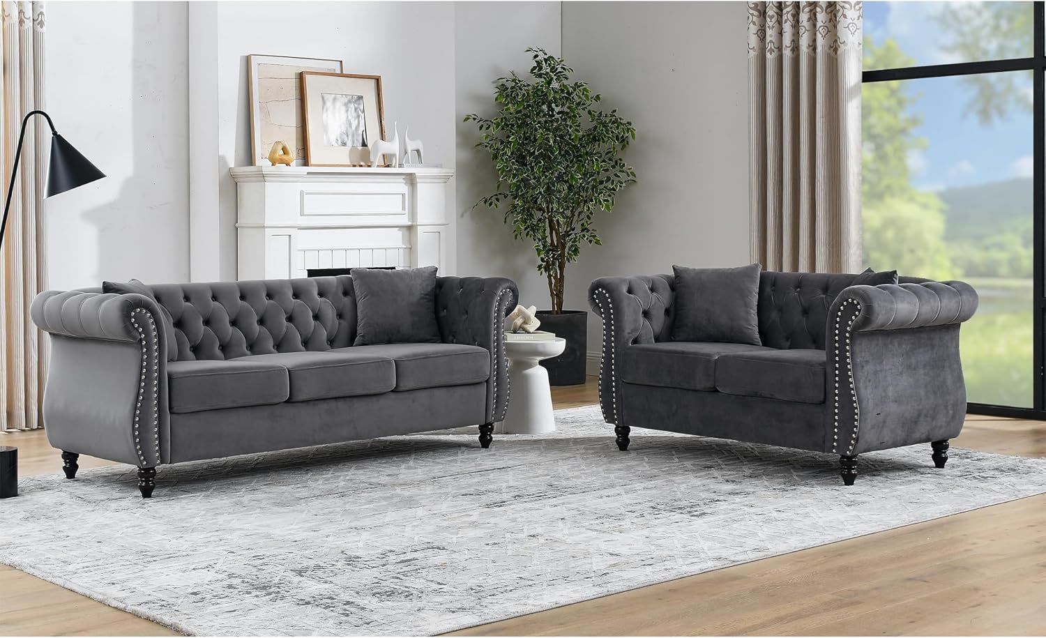  2-Pc Gray Velvet Chesterfield Tufted Living Room Sofa Set - Sofa & Loveseat [NEW]  **Retails for $1328  <Assembly Req>