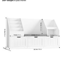 Kids Bookshelf with Reading Nook, Toy Storage Organizer with Seat Cushion and 3 Movable Drawers,