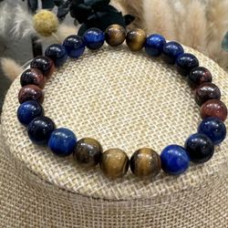 Multicolor Tiger Eye Bracelet/Blue, Honey & Red Tiger Eye. 6.5” Stretch. 
