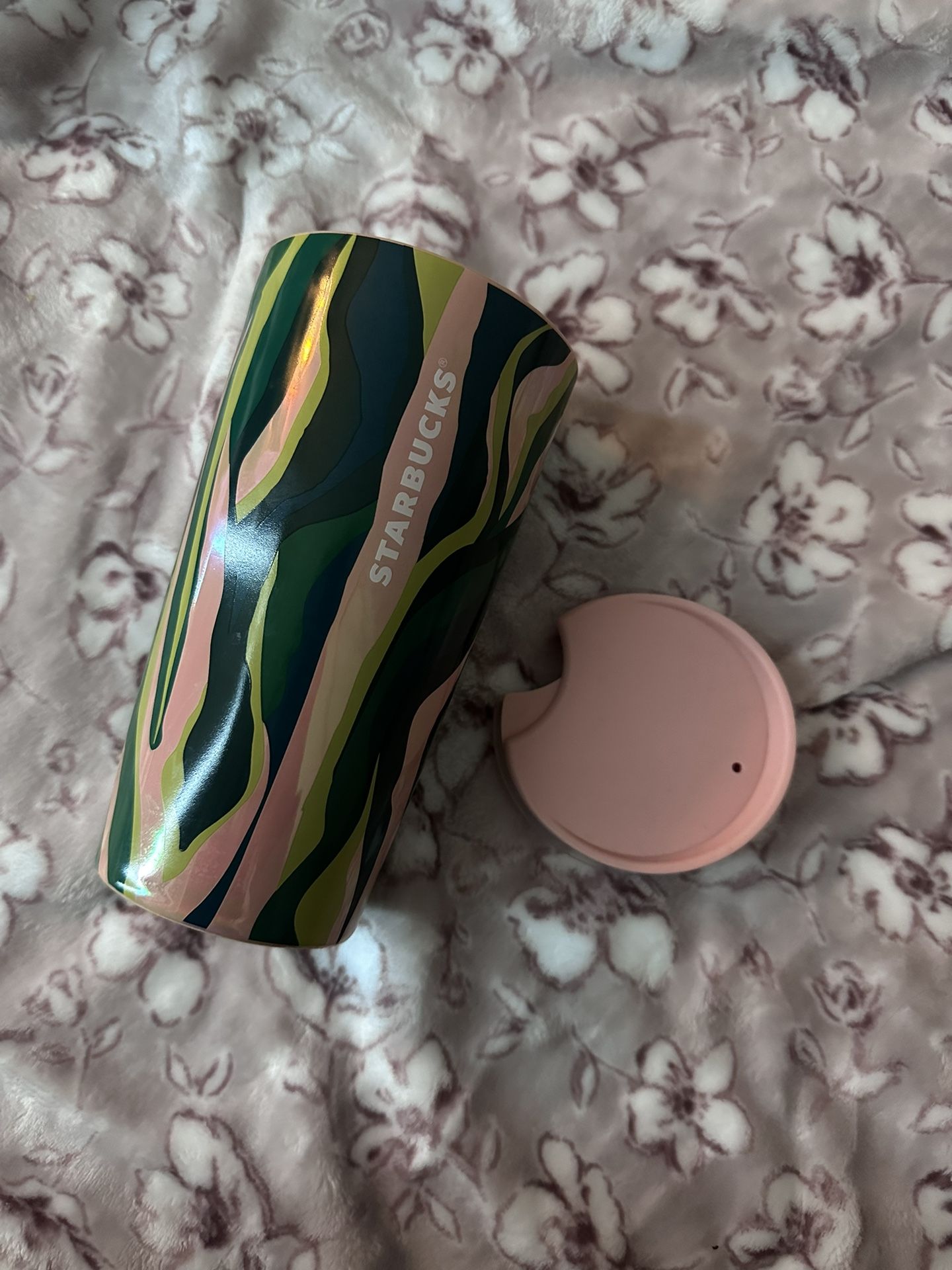 Starbucks 2024 Spring Ceramic Luster Pink Green Lines Tumbler Travel Cup 12 oz