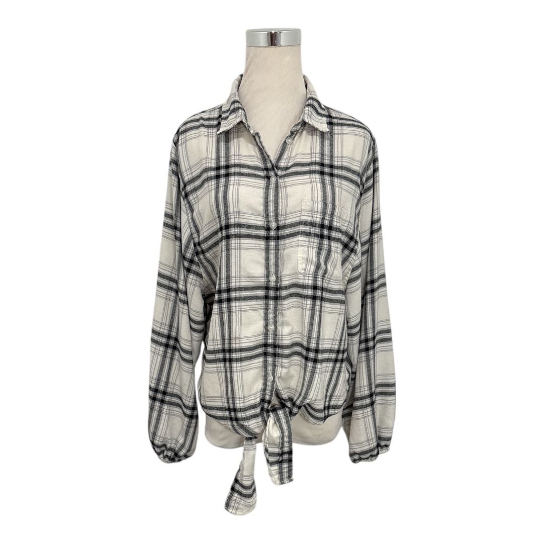 American Eagle Women's Tie-Front Flannel Cream w/ Black Plaid Oversized Size M
