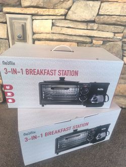 Griddle, coffee maker, toaster oven combo.